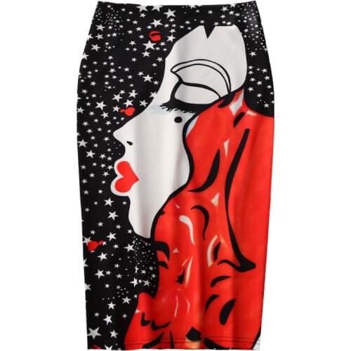 Womens Pencil Skirts Girl Character Print Holographic Skirt High Waist Slim Midi Split Sexy Japan Harajuku Female Falda LS080