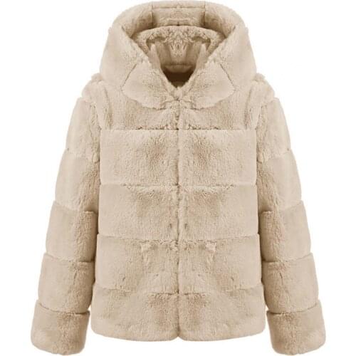 Women Hooded Coat Zipper Closure Solid Color Faux Fur Long Sleeve Winter Thicken Short Type Ladies Fluffy Cardigan Outerwear