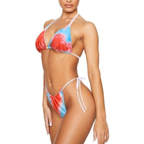 Womens Sexy 3pcs Tie-Dye Bikini Set Halter Swimsuit with Sarong Cover Up Beach Skirt Tie Side Bottom Thong Bathing Suit
