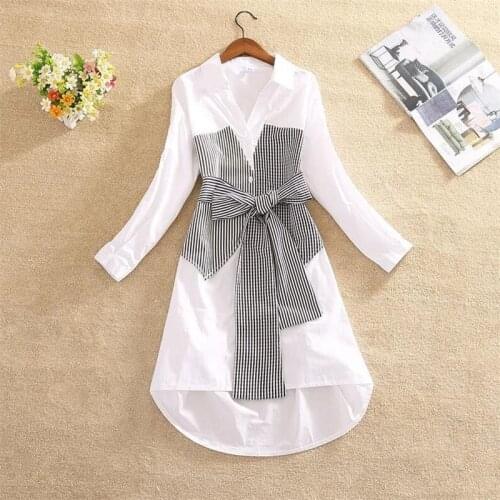 Ladies fake two-piece Shirtdress Trendy Plaid Dress Receiving Waist Womens slim bow asymmetric dress 2021spring Casual tops