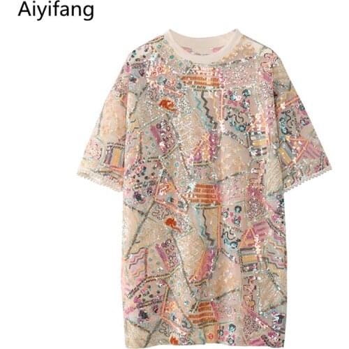 2021 Summer Fashion Lace Loose TShirt Oversize Tops Womens Sexy Short Sleeve Sequined Embroidery Mesh T-shirts Tees Long T-Shirt
