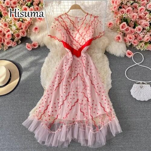 2021 autumn new womens v-neck Embroidered ruffles gauze irregular party dress female Chic elegant mesh A-line dresses