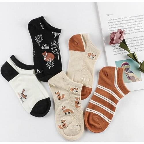 5 Pairs Women Socks Cartoon Cute Fox Flamingo Cotton Socks Female Girls Casual Short Socks Summer Autumn Funny Animals Socks