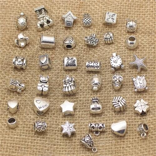 50Pcs Vintage Big Hole Beads Fit Bracelets Charms Antique Metal Mixed DIY Beads Charm for Bracelets