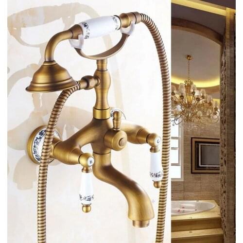 Antique Brass Wall Mounted Bathroom Tub Faucet Dual Ceramics Handles Telephone Style Hand Shower Clawfoot Tub Filler atf310