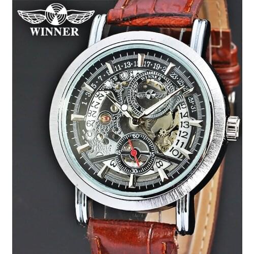 Luxury Top Brand Men winner Automatic Watches Male Layer Auto Date Circle Dial Leather Strap Military Mechanical Skeleton Clock