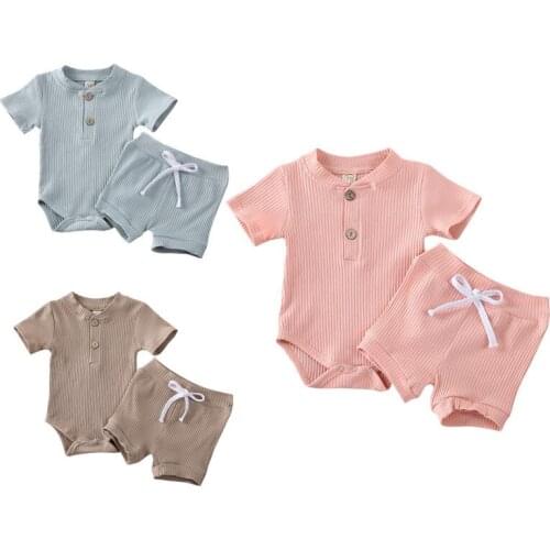 Pudcoco 2020 Baby Summer Clothing Newborn Kid Baby Boy Girl Clothes Short Sleeve Bodysuit Shorts Ribbed Solid 2Pcs Outfits Set