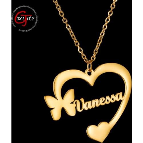 Goxijite Custom Butterfly Name Single Hole Necklace For Women Stainless Steel Heart Name Necklaces Birthday Gift For Lover