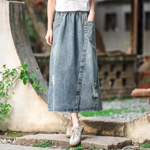 Korean Style Women Elegant Art Denim Skirt Female Summer Spring Plus Size Vintage Ripped Elastic High Waist Jeans Skirts Clothes