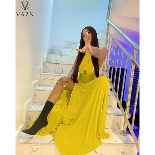 VAZN 2020 Hot Holiday Party Lady Long Dresses Halter Solid A-line Sexy Club Elegant Style Women High Waist Thin Maxi Dress