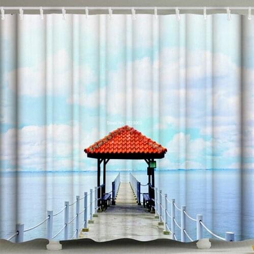 Fashion Wooden Door Landscape Print Shower Curtain Bathroom Decoration Mildewproof Waterproof Perforated Hook Shower Curtain