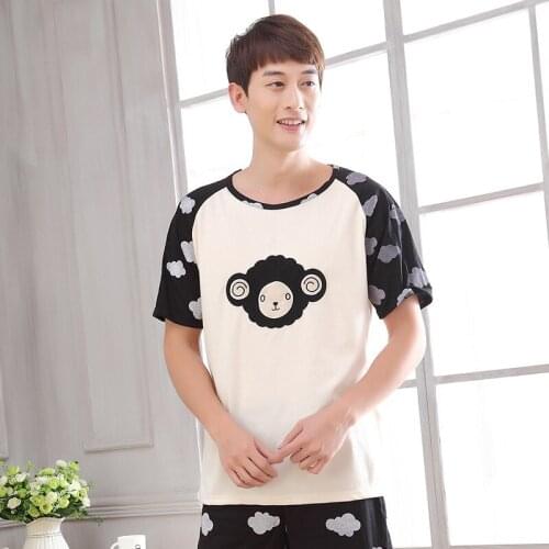 Men thin mens youth cute cartoon new home service suit 2019 summer cotton short-sleeved Korean pajamas pajama sets