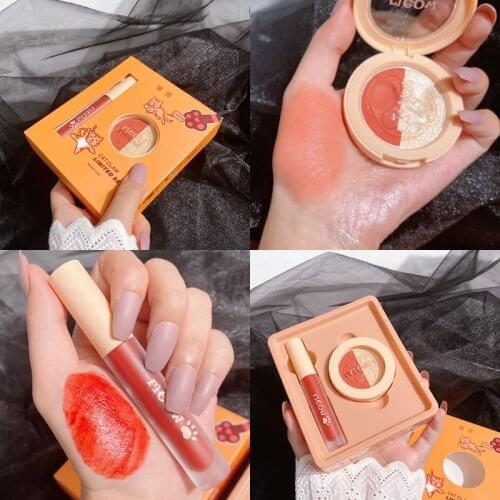 Makeup Set Face Blusher+Highlighter Bronzer Palette Cheek Blush Face Contour Powder Blusher Natural Brighten Skin Lipstick