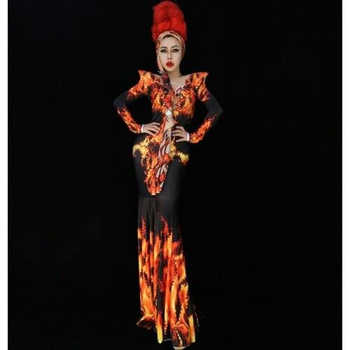 Nightclub DSDJ Stage Performance Dress Female Singer Gogo Dancer Team Long Sleeve Flame Rhinestone Clothes Rave Outfit DWY5112