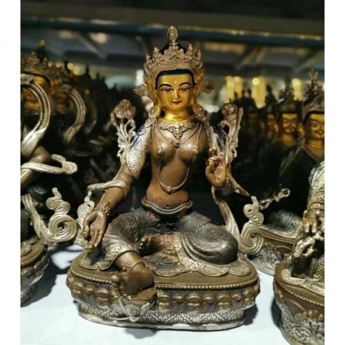 Wholesale Buddhist supplie Tibet temple Buddhism HOME family protection Green Tara Guan yin buddha silvering Buddha statue