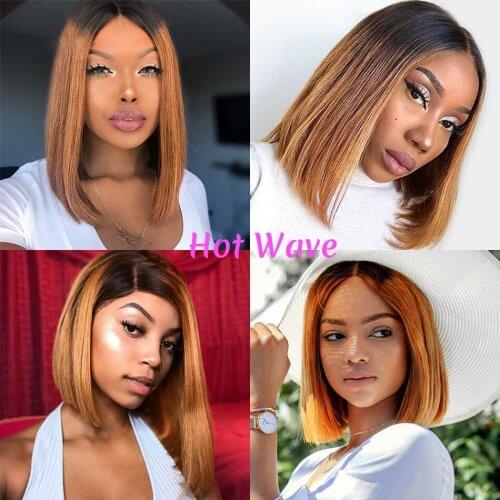 Hot Wave 1B/30 Ombre Highlight Short Bob Wig Lace Closure Wig Brazilian Straight Transparent 13x4 Lace Frontal Human Hair Wigs