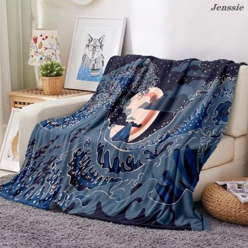 Japanese Style Flannel Blanket Sea Wave Landscape Painting Sherpa Bedspread Sofa TV Plush Throw Quilt Cover Adult 130x150cm