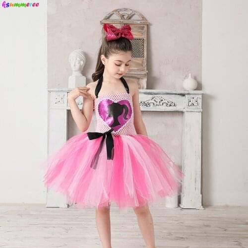 Pink Princess Sweetheart Girls Fancy Tutu Dress with Bow Kids Tulle Birthday Party Dress Children Pageant Dance Gown Costume