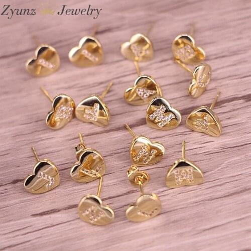 6 Pairs, Gold Color CZ Micro Pave Letter Intitial Studs, Crystal Zirconia Heart Stud Earring For Women Girls
