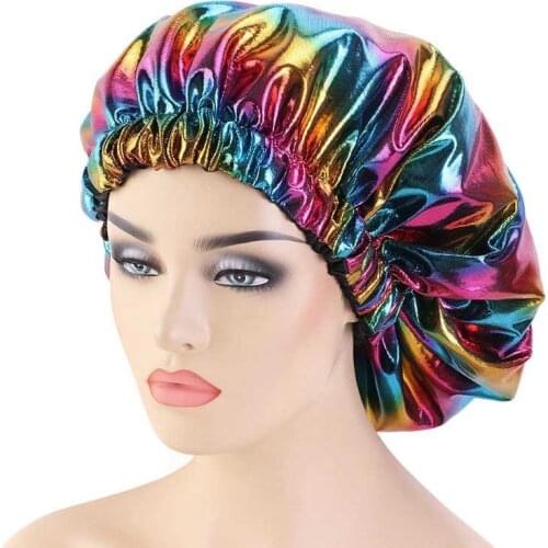 HanXi Satin Bonnet Double-layer Laser Shower Cap for Male Female Elastic Round Cap Sleeping Cap Shower Cap African Bonnet