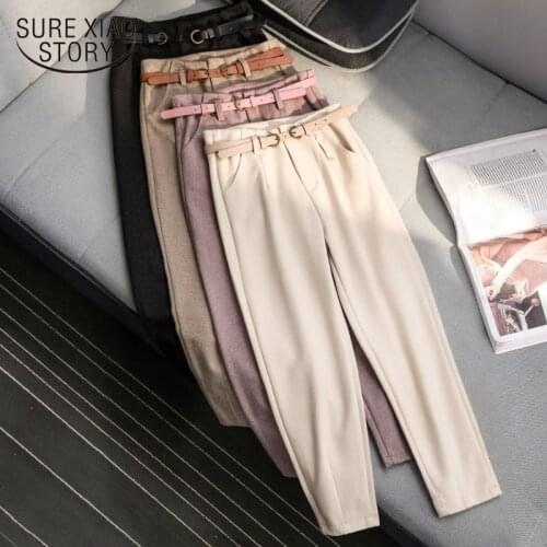 High Waist Belted Harem Slim Trousers Autumn and Winter Wool Pants 2021 New Korean Style Women Female Warm Long Pants 6992 50