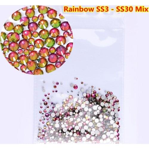 Mix Sizes 3D Nail Art Rhinestone Rainbow Flatback Colorful Non Hot Fix Rhinestone Glue On Stones ss3 ss4 ss5 ss6 ss8 ss10 ss12