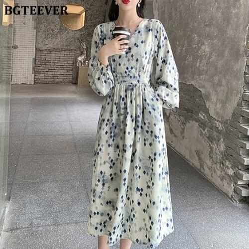 BGTEEVER Stylish V-neck Lantern Sleeve Women Printed Dresses 2021 Autumn Slim Waist Loose Vestidos Elegant Female Midi Dress