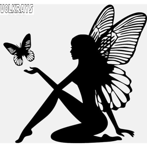 Volkrays Personality Car Sticker Butterfly Fairy Fantasy Accessories Reflective Sunsvreen Vinyl Decal Black/Silver,11cm*18cm