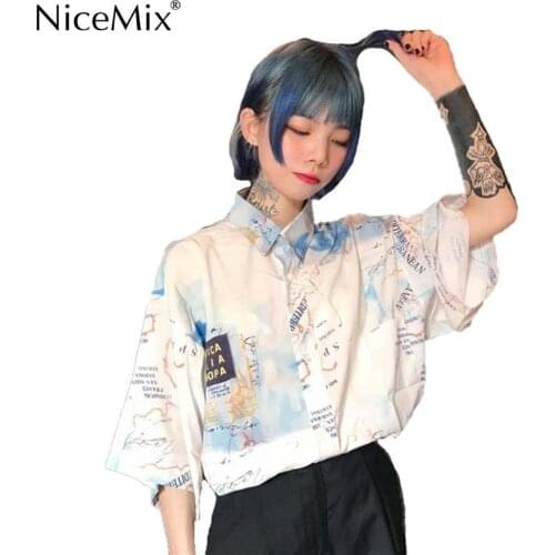 Button Up Shirt Women Summer Harajuku Blouse Short Sleeve Shirt Digtal Print Map Tops Blouses Casual Blusas Camisas Mujer 2021