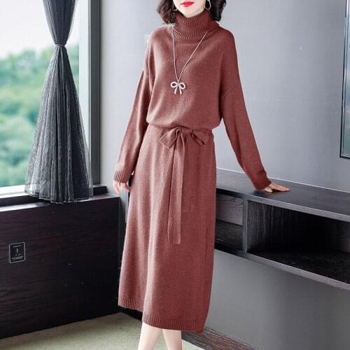 2021 Vintage Long Sleeve Womens Turtleneck Sweater Winter Autumn Casual Solid Knitting Midi Dress Elegant Bodycon Party Vestido
