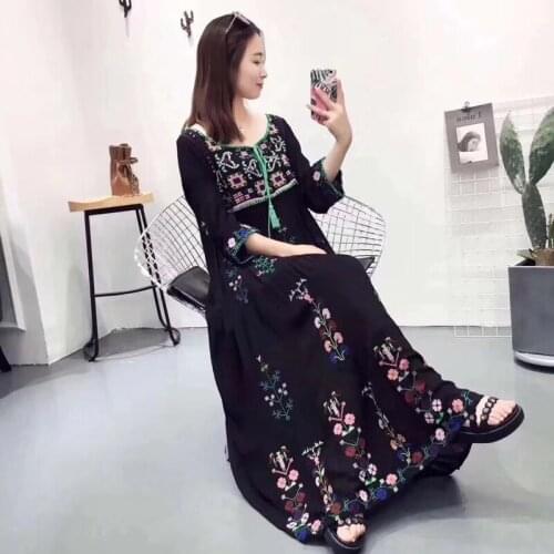 Robe Femme Embroidery Black Maxi Dresses 2021 Newest Fall Elegant Floral Causal Muslim Indian Dress Turkey Arabic Loose Clothing