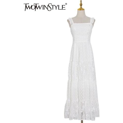 TWOTWINSTYLE Vintage Lace Dresses Female Square Collar Sleeveless Spaghetti Strap High Waist Applique Summer Dress Women Fashion