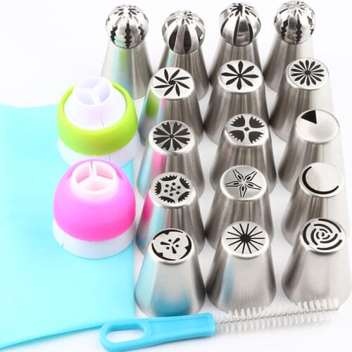 16Pcs Icing Piping Russian Nozzles Flower Tips Pastry 2Pcs Coupler Stainless Steel And 1Pcs Bag 1Pcs Brush Kitchen Accessories