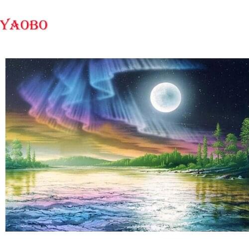 5D DIY Diamond Painting cross stitch mosaic Color aurora moon lake landscape diamond embroidery rhinestone full square/round
