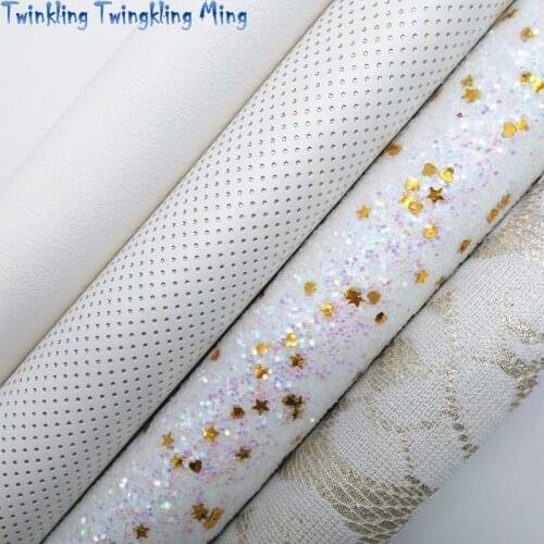 White Chunky Glitter Leather with Gold, Dots Embossed Faux Fabric Lace Leather For Bow 21x29CM Twinkling Ming KM434