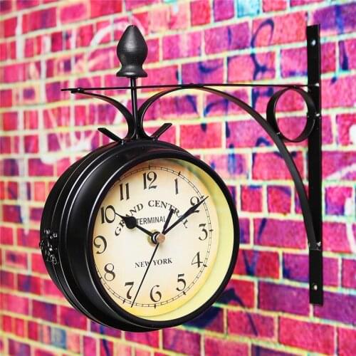 Double Sided Round Wall Mount Station Clock Garden Vintage Retro Home Decor Metal Frame + Glass Dial Cover