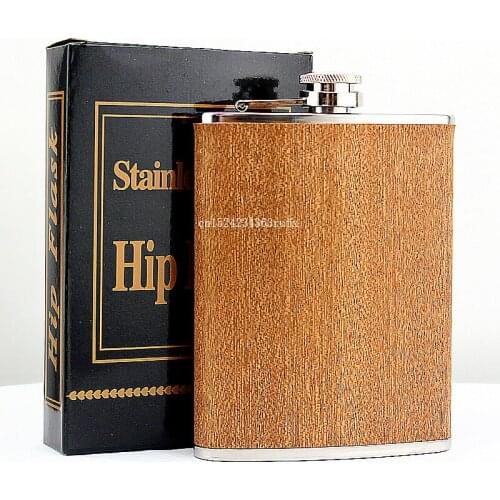 50pcs 8oz Stainless Steel Hip Flask Wood Pattern Steel Material Whiskey Bottle