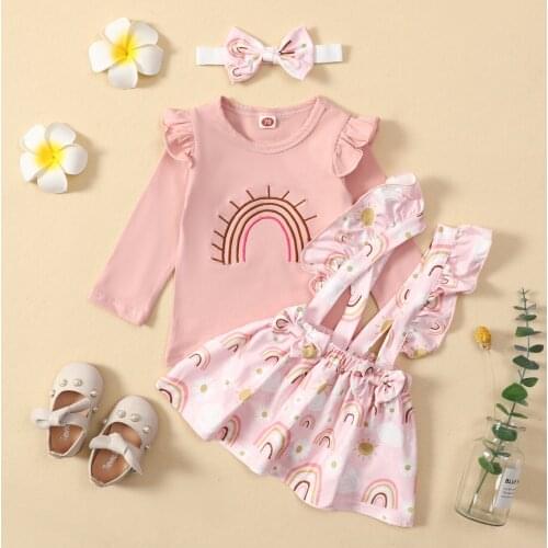 Cute Baby Clothing Newborn Infant Girls Long Sleeve O-neck T-shirt Suspender Skirt Bow-knot Headband 3pcs Outfits Set 0-24M