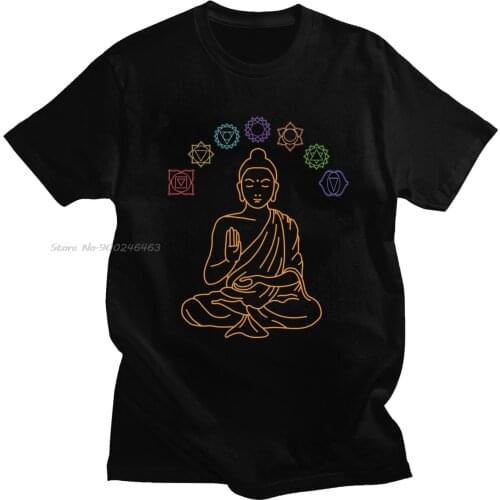 Seven Chakras Meditating Buddha T Shirt Men Cotton Graphic T-shirt O-neck Short Sleeve Buddhism Mandala Tee Tops