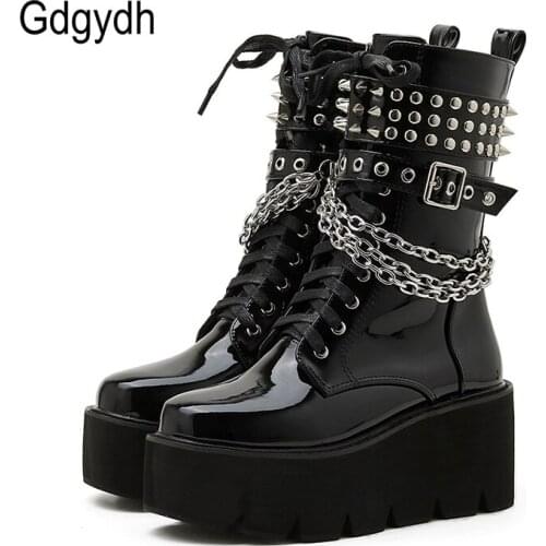 Gdgydh Dark Fashion Rivets Boots Women Vintage Gothic Girls Platform Shoes Sexy Chain Wedge Thick Bottom Dance Boots Plus Size