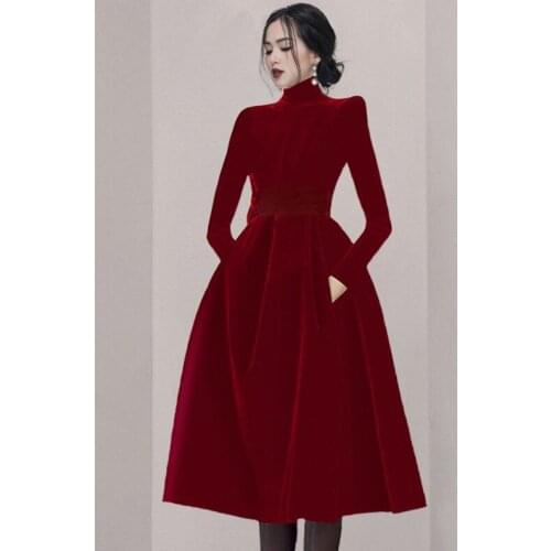 JSXDHK New Autumn Winter Velvet Black Dress Runway Vintage Women Stand Collar Pocket Lady Long Sleeve Ball Gown Party Midi Dress