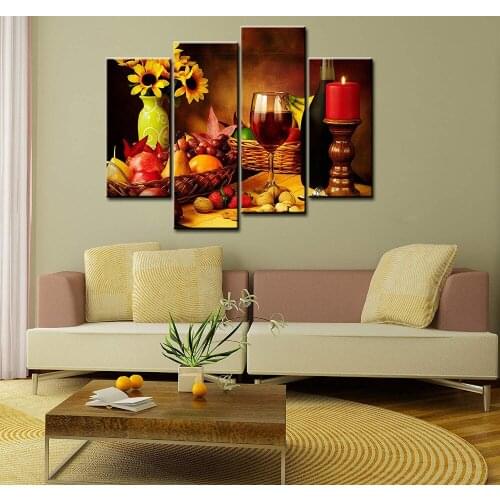 Food Paintings Wall Art Fruit and Red Wine Beside candlestick 4 Pieces Picture Print on Canvas Painting Drop shipping