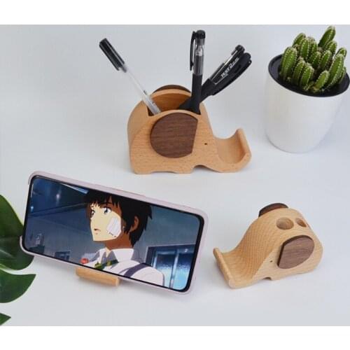 Creative Designed Wood Made Elephant Phone Stand Pen Holder Desk Cup Organizer Cute Wooden Case for Pencil Container