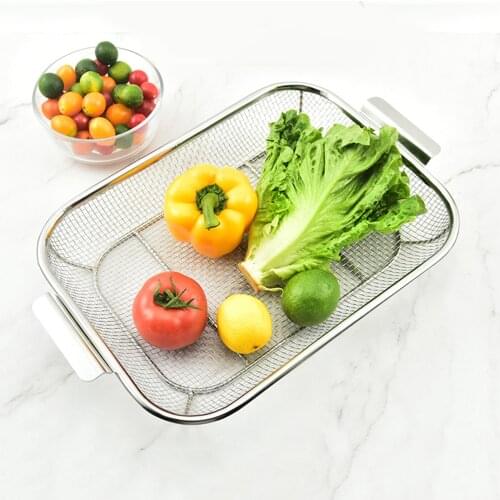 Kitchen Drain Basket with Handles, Stainless Steel Silver Drain Basket, Kitchen tableware Storage Rack
