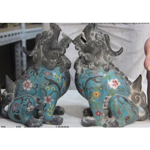Chinese Cloisonne Enamel Pure Bronze Foo Dog Lion Unicorn Incense Burner Censer