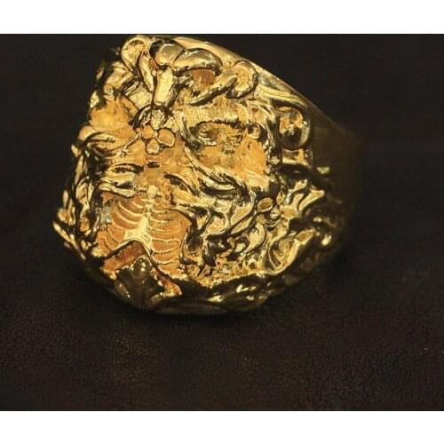 LINSION Dark Banshee Skull Ring Gold Plated Brass Mens Biker Rock Punk Jewelry GP259 US Size 7~15