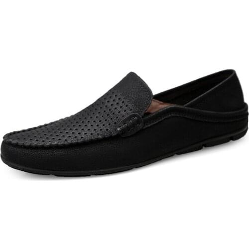 Mens summer casual leather shoes round head set foot leather breathable Lefu shoes comfortable with hollow holes