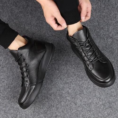 High Top Male boots Velvet Men shoes 100% genuine leatherLuxury Brand mens casual sneakers lace up Flats solid color shoes