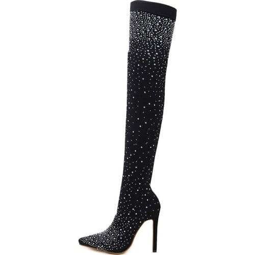 NEWDISCVR 2020 Fashion Runway Crystal Stretch Fabric Sock Boots Pointy Toe Over-the-Knee Heel Thigh High Pointed Toe Woman Boot