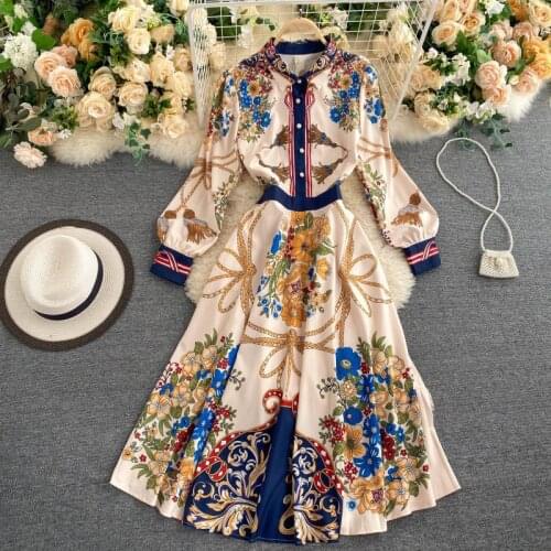 New Womens Retro Elegant Dress Long Sleeve Color Matching Print Sexy Waist Dress Fashion Street Wear Mid-Length Dress Vestidos
